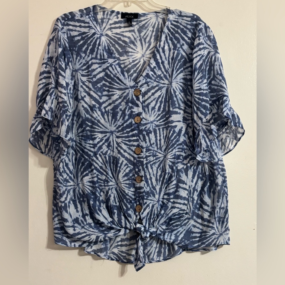 Alyx Blue Tie-Dye Front Button-Front Blouse with wooden buttons